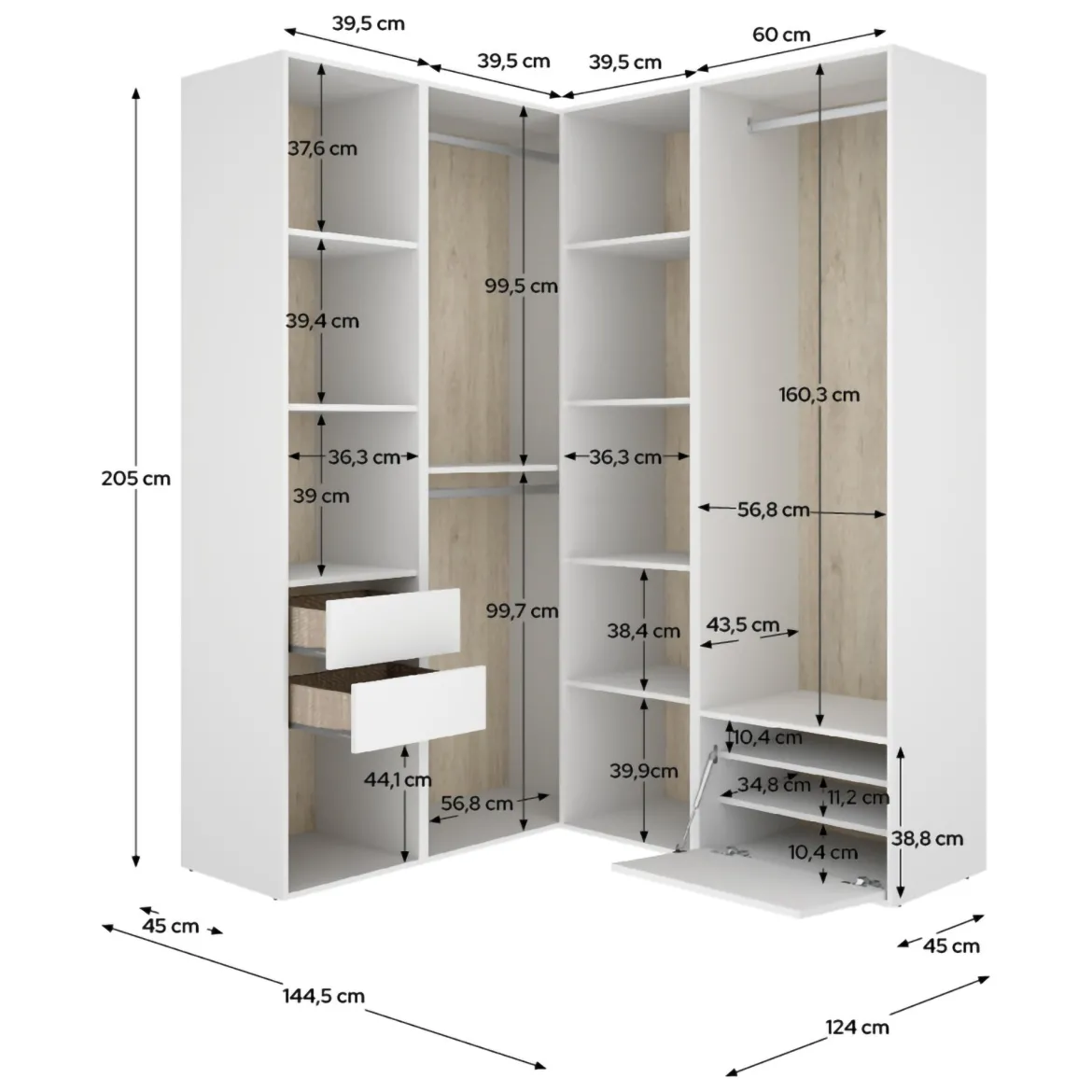 Guardaroba Grande Bianco Marrone Rovere Modulabile 12 Ripiani 186x205h cm, Appendiabiti - Atwood