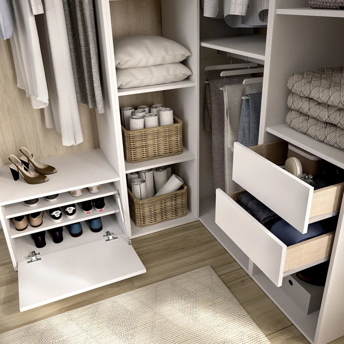 Guardaroba Grande Bianco Marrone Rovere Modulabile 12 Ripiani 186x205h cm, Appendiabiti - Atwood