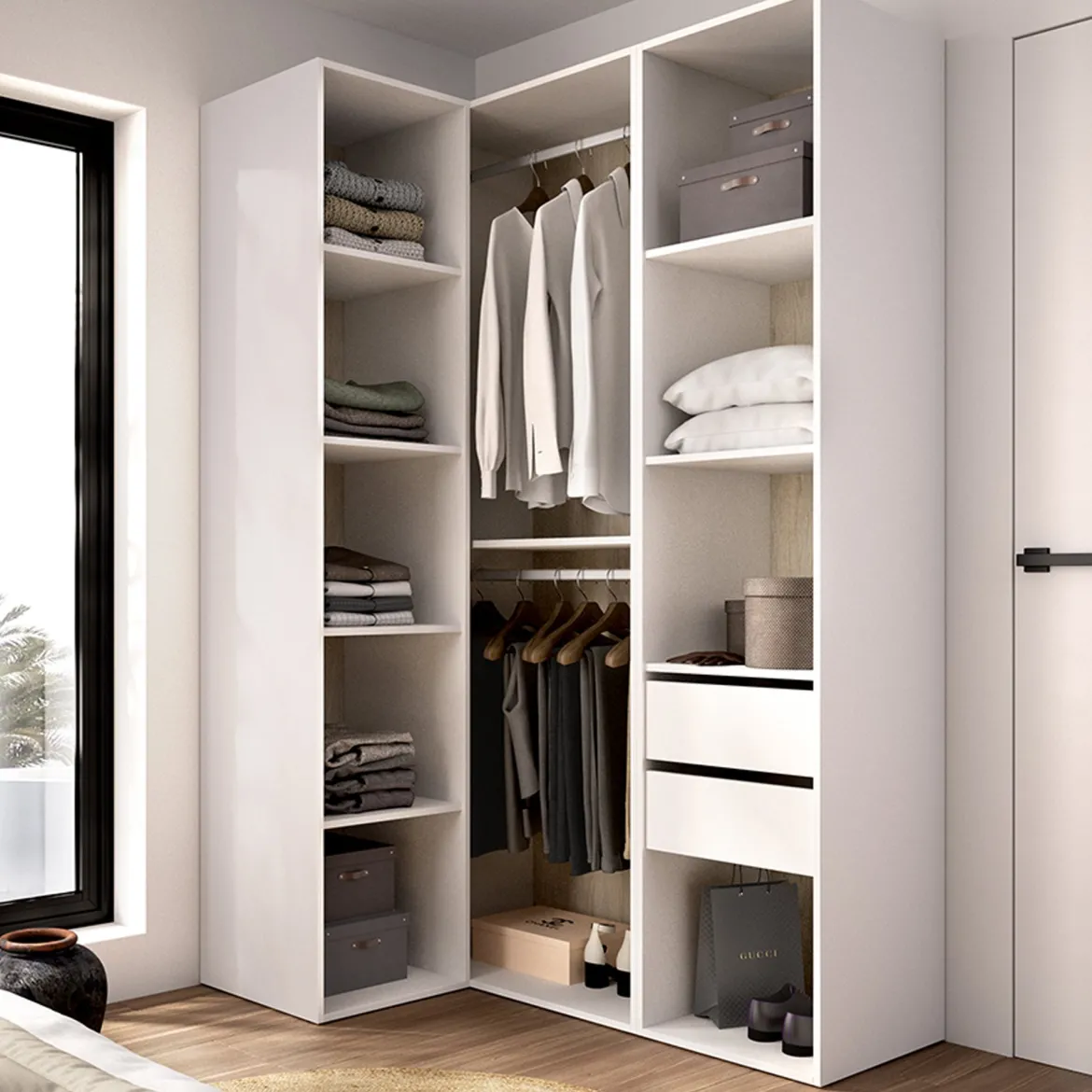 Guardaroba Grande Bianco Marrone Rovere Nodi 4 Ripiani 2 Cassetti 179x226.5h cm, Appendiabiti - Merlino