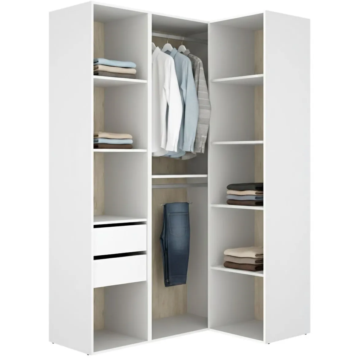 Guardaroba Grande Bianco Marrone Rovere Nodi 4 Ripiani 2 Cassetti 179x226.5h cm, Appendiabiti - Merlino