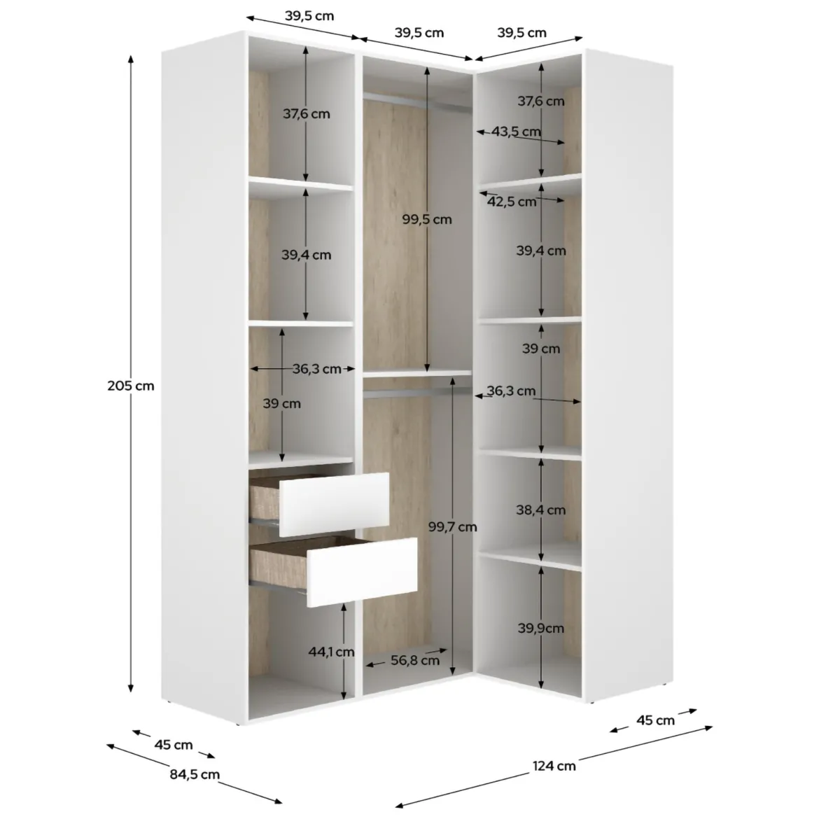 Guardaroba Grande Bianco Marrone Rovere Nodi 4 Ripiani 2 Cassetti 179x226.5h cm, Appendiabiti - Merlino