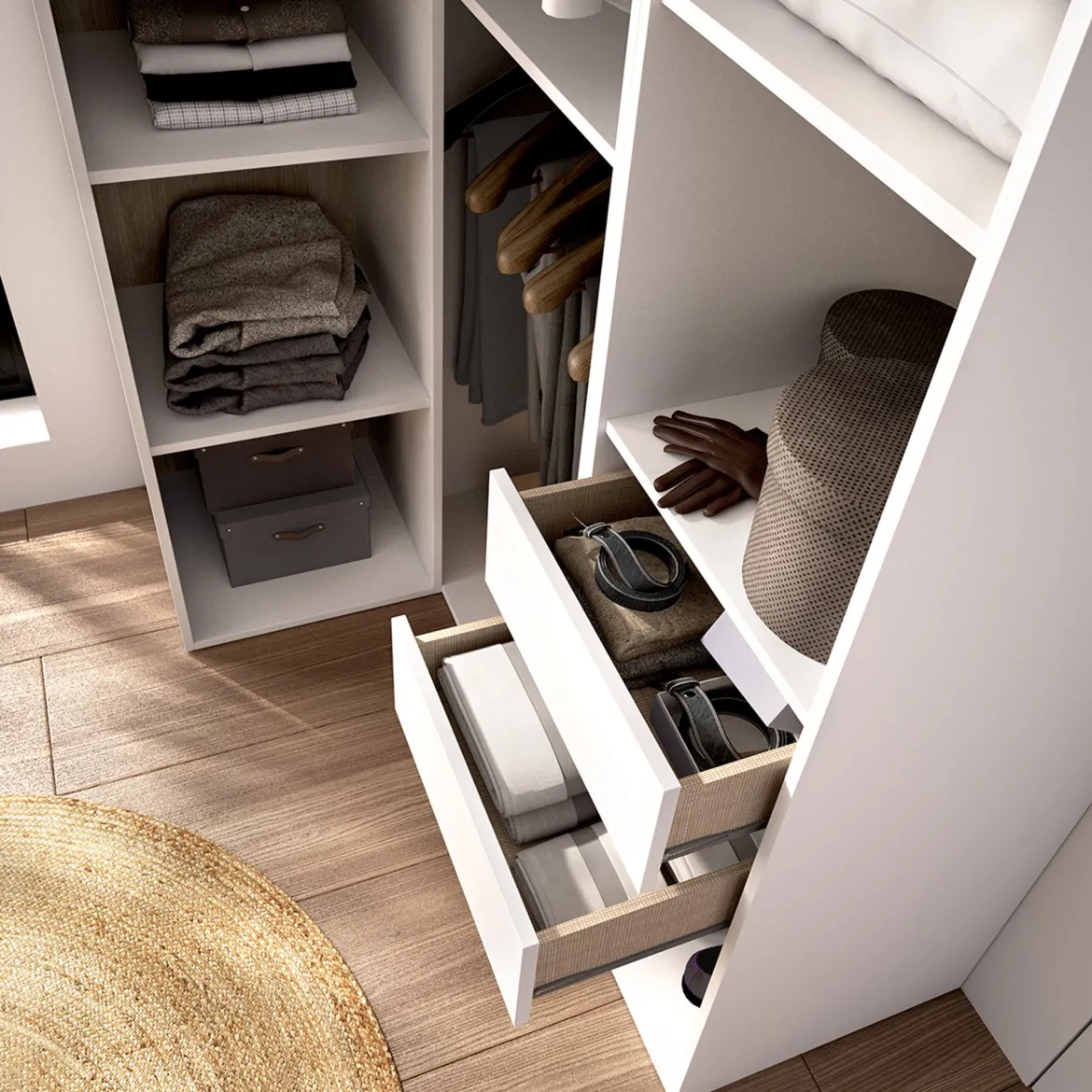 Guardaroba Grande Bianco Marrone Rovere Nodi 4 Ripiani 2 Cassetti 179x226.5h cm, Appendiabiti - Merlino