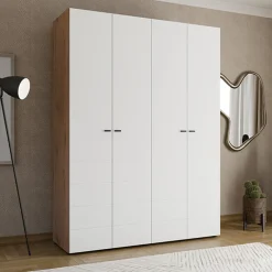 Guardaroba Grande Bianco Marrone Rovere Nodi 4 Ripiani 4 Ante 155x208h cm, 6 Vani - Soris