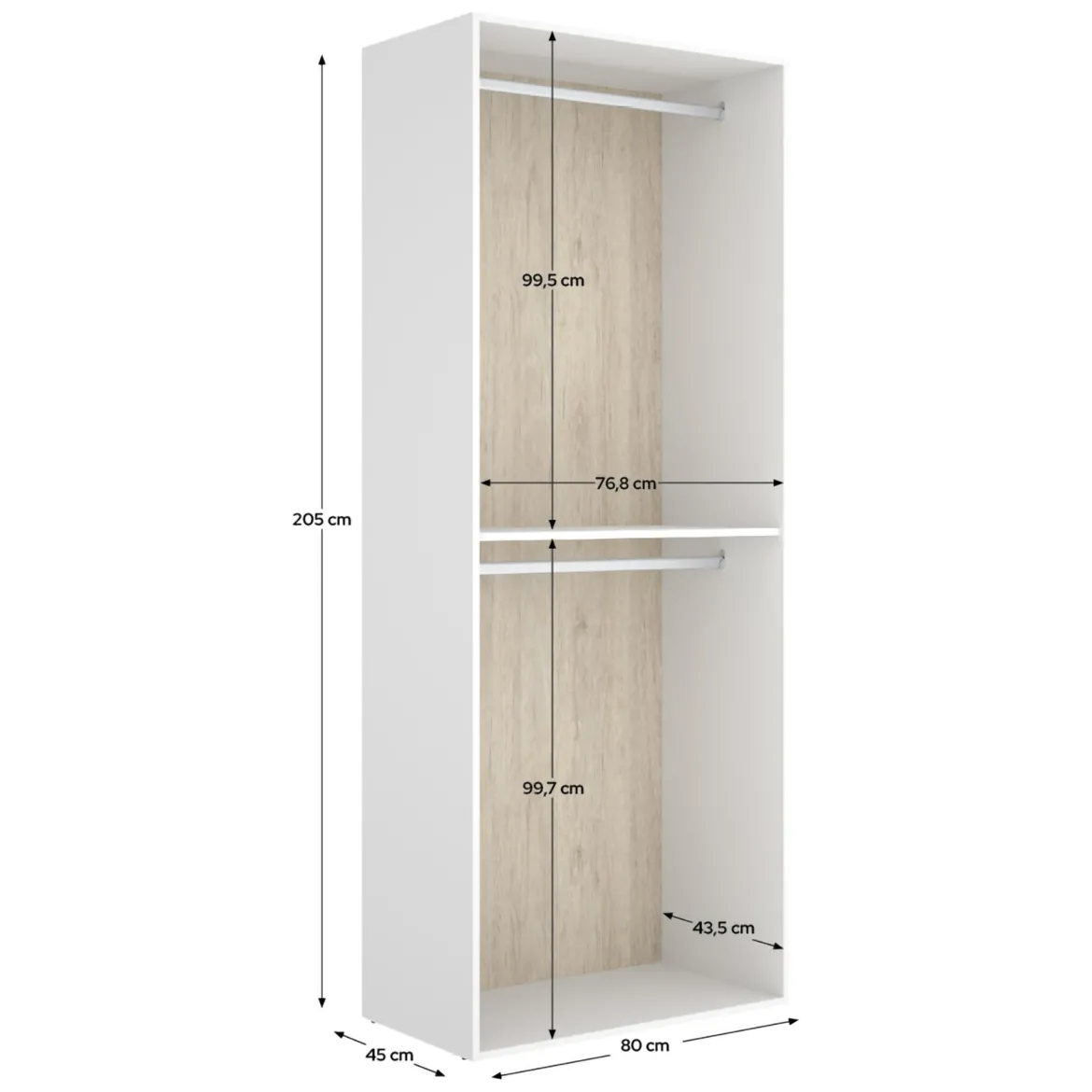 Guardaroba Grande Bianco Marrone Rovere un Ripiano Appendiabiti 45x205h cm, Cassetti - Ashebrook