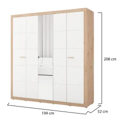 Guardaroba Grande Bianco Opaco Marrone Rovere Appendiabiti 5 Ripiani 194x208h cm, 8 Vani - Giseny