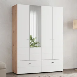 Guardaroba Grande Bianco Opaco Marrone Rovere Nodi 3 Cassetti 3 Ripiani 155x208h cm, Appendiabiti - Ushuaia