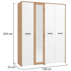Guardaroba Grande Bianco Opaco Marrone Rovere Nodi Appendiabiti 5 Ripiani 157.5x203.5h cm, 4 Ante - Monvalle