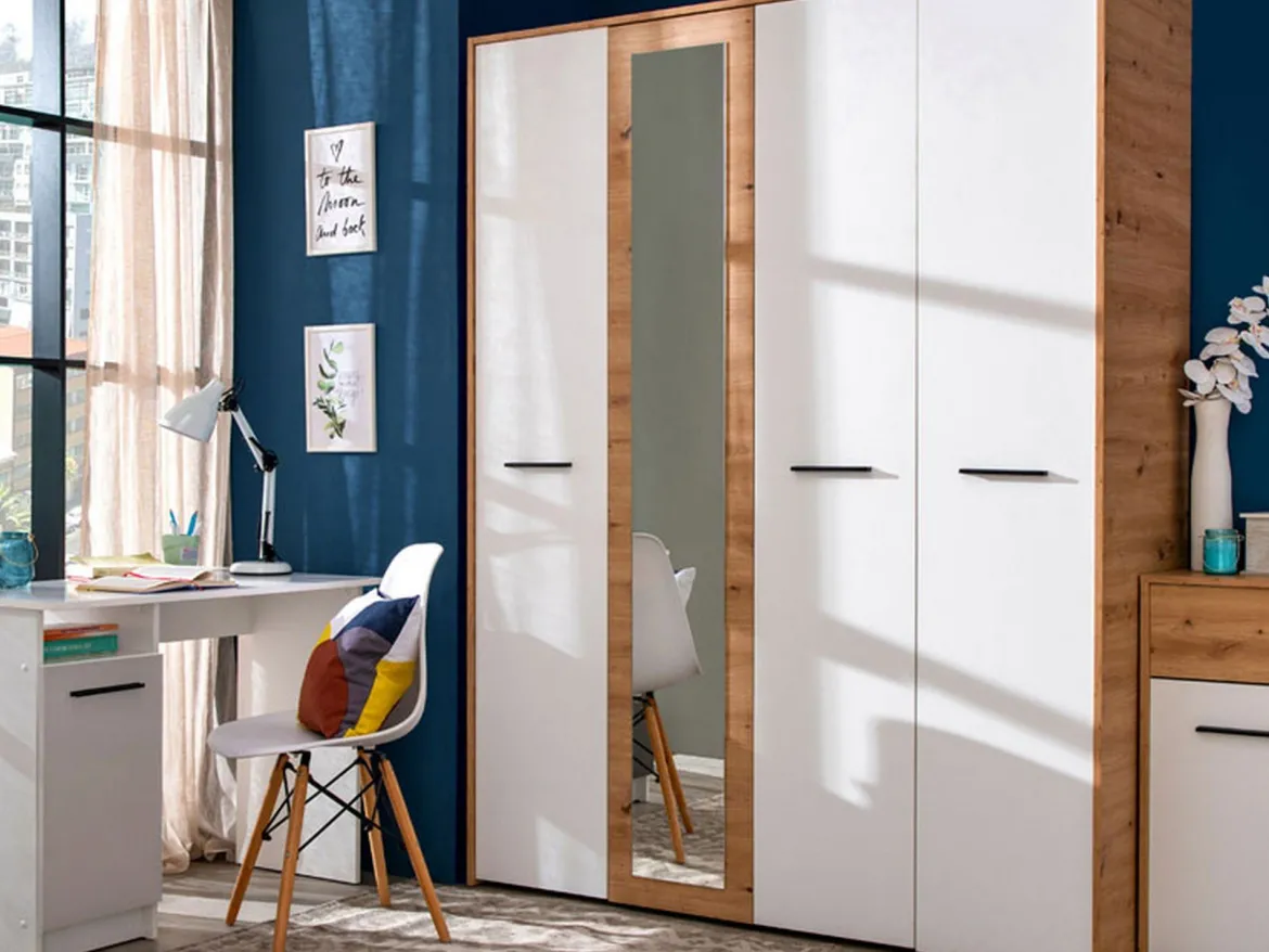 Guardaroba Grande Bianco Opaco Marrone Rovere Nodi Appendiabiti 5 Ripiani 157.5x203.5h cm, 4 Ante - Monvalle