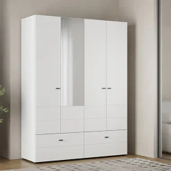 Guardaroba Grande Bianco Opaco Nero 2 Ripiani 2 Cassetti 155x208h cm, Appendiabiti - Spigno