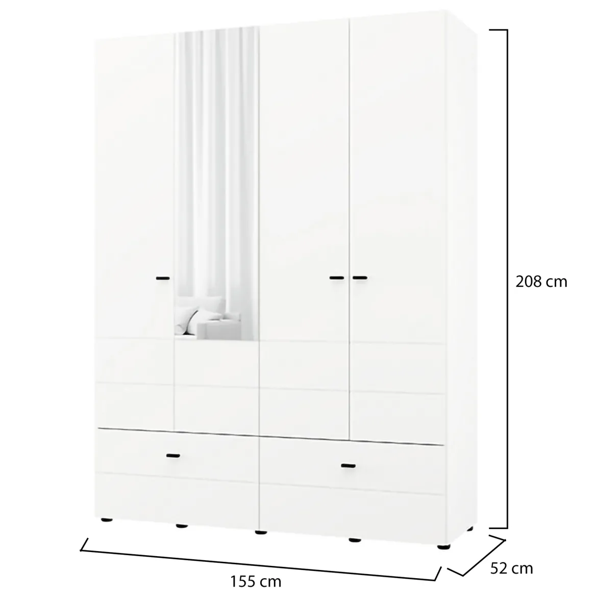 Guardaroba Grande Bianco Opaco Nero 2 Ripiani 2 Cassetti 155x208h cm, Appendiabiti - Spigno