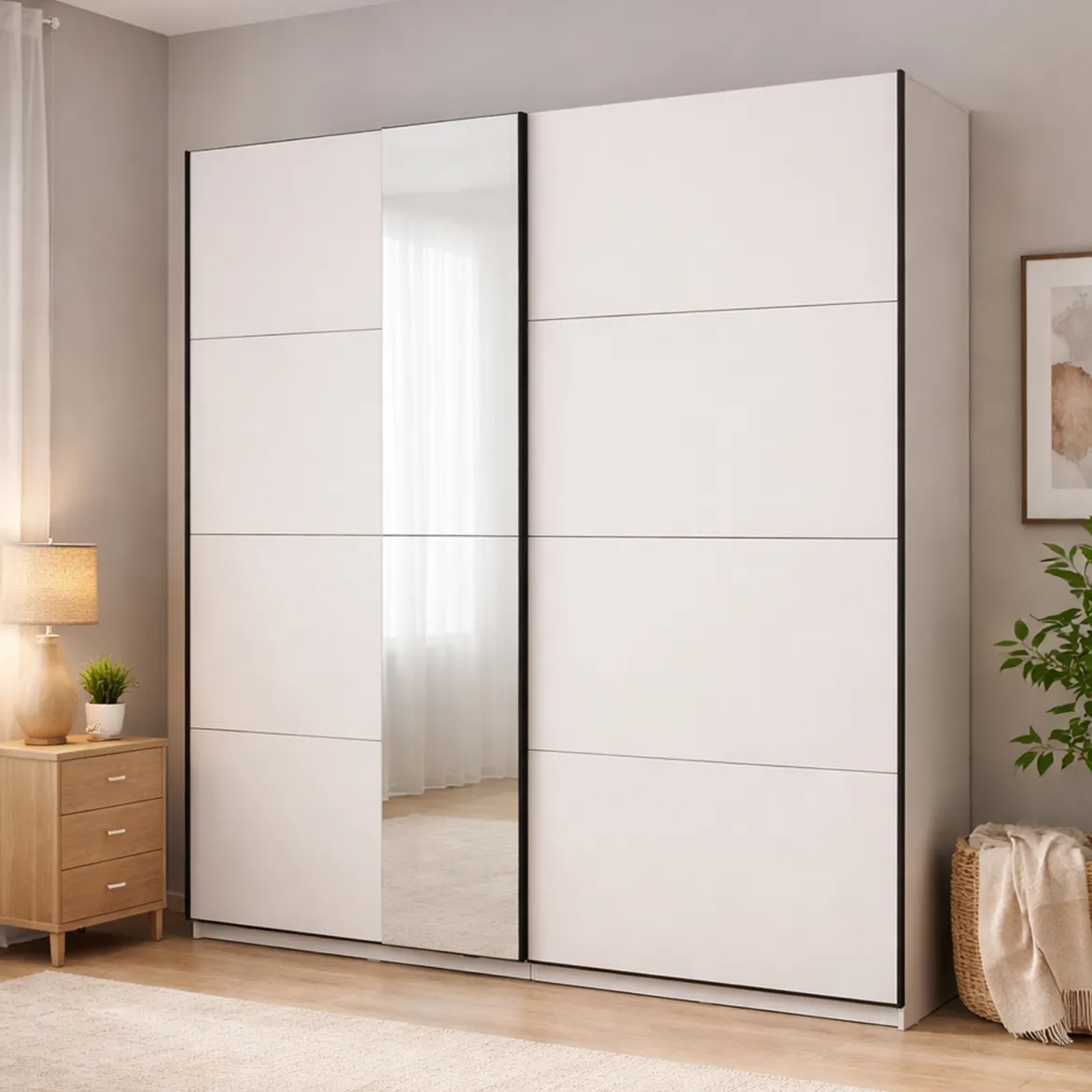 Guardaroba Grande Bianco Opaco Nero Appendiabiti 2 Ripiani 195x217.5h cm, Apertura Scorrevole - Porlezza