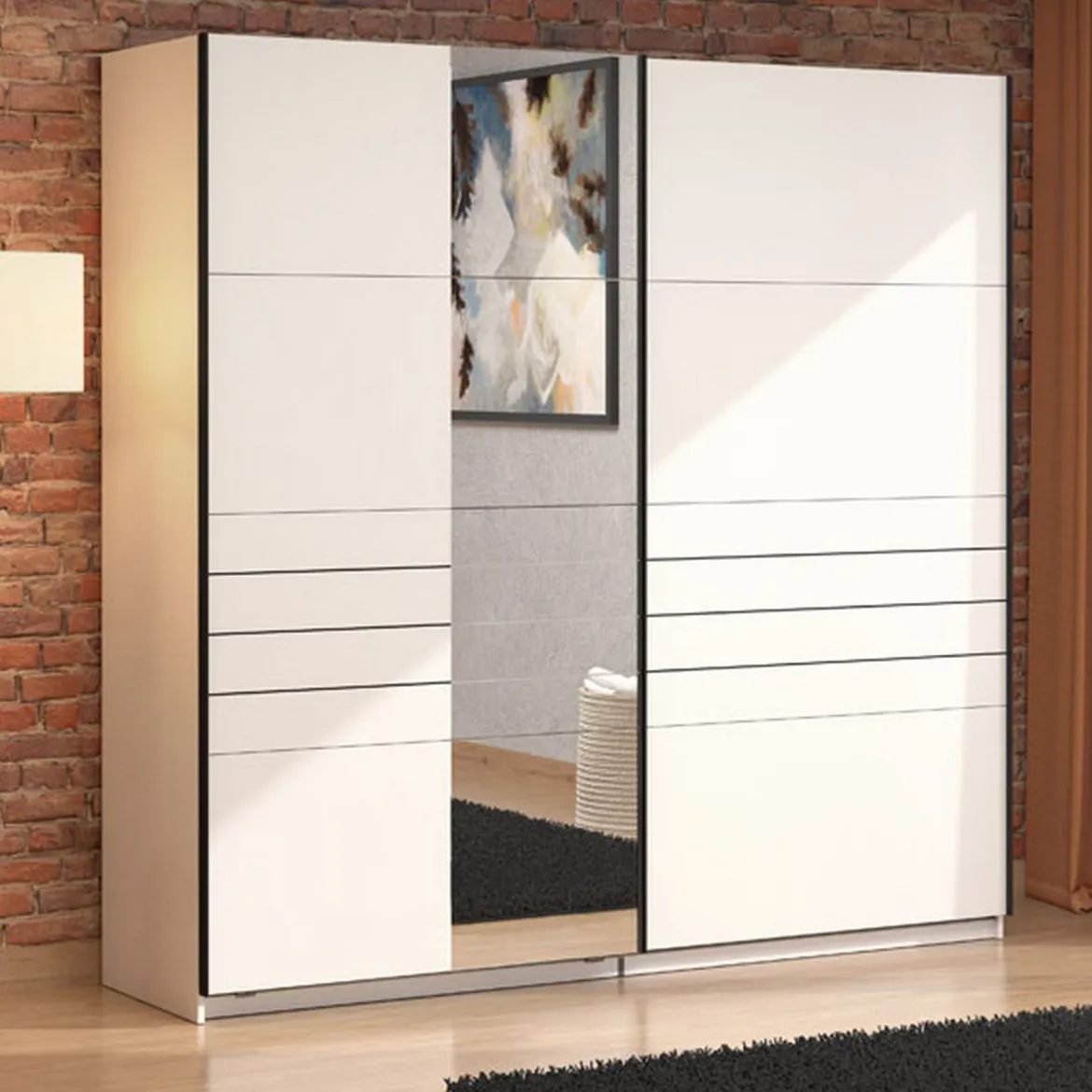 Guardaroba Grande Bianco Opaco Nero Appendiabiti 2 Ripiani 245x217.5h cm, Apertura Scorrevole - Peio