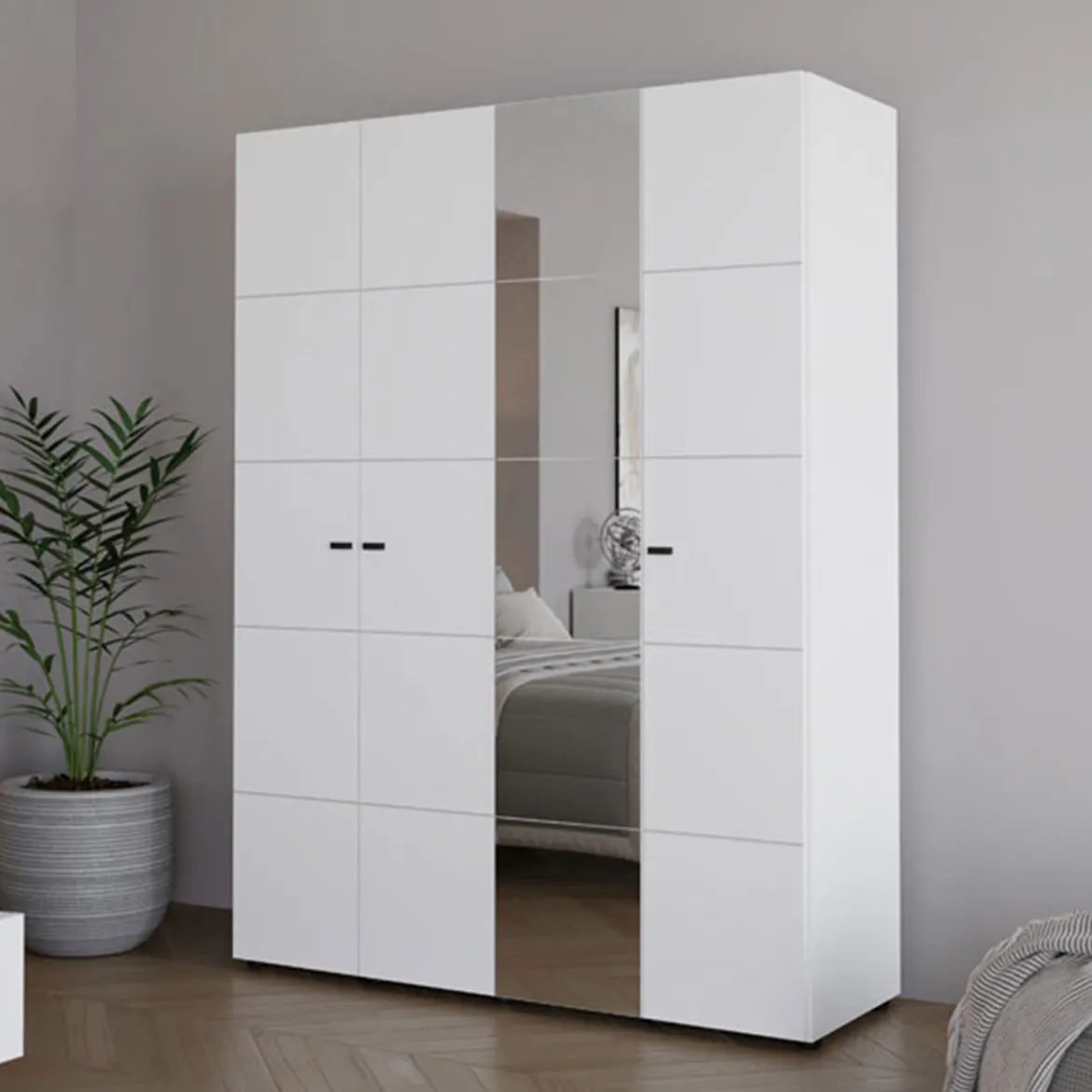 Guardaroba Grande Bianco Opaco Nero Appendiabiti 5 Ripiani 155x215.5h cm, 7 Vani - Carisolo