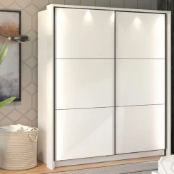 Guardaroba Grande Bianco Opaco Nero Appendiabiti 5 Ripiani 179x210h cm, Apertura Scorrevole - Cerchio