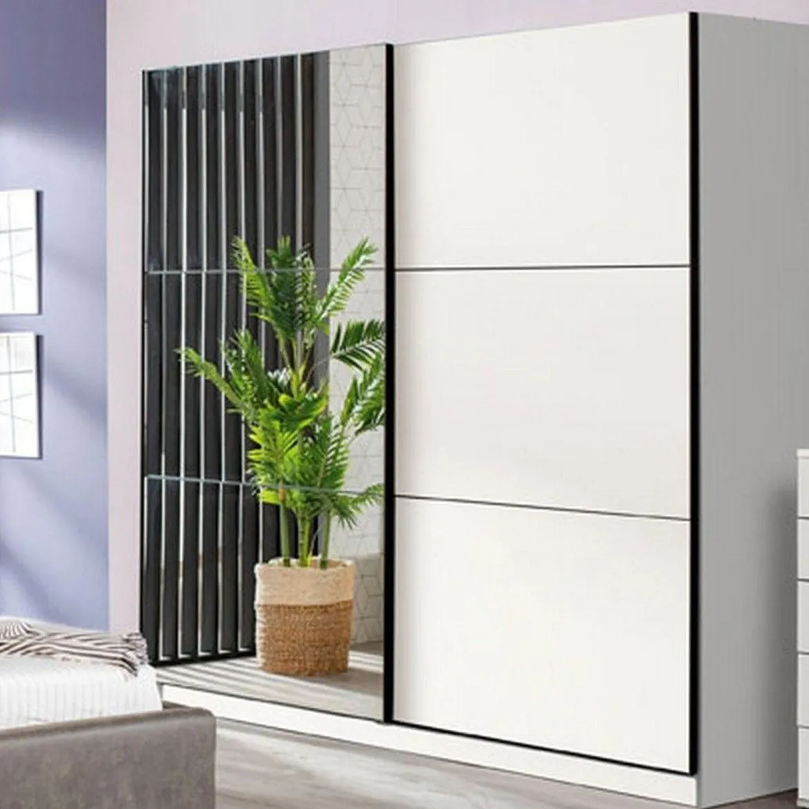 Guardaroba Grande Bianco Opaco Nero Appendiabiti 8 Ripiani 217x210h cm, Apertura Scorrevole - Soncino