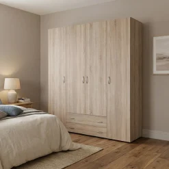 Guardaroba Grande Marrone Rovere Grigio Nero Appendiabiti 5 Ripiani 213x215.5h cm, Apertura Scorrevole - Godrano
