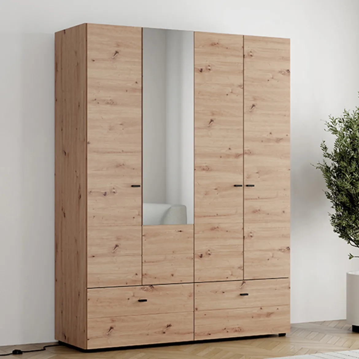 Guardaroba Grande Marrone Rovere Nodi Bianco 2 Ripiani 2 Cassetti 155x208h cm, Appendiabiti - Spigno