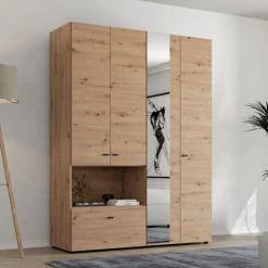 Guardaroba Grande Marrone Rovere Nodi Nero 4 Ripiani un Cassetto 155x208h cm, Appendiabiti - Omete