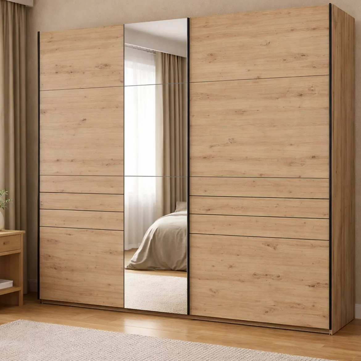 Guardaroba Grande Marrone Rovere Nodi Nero Appendiabiti 2 Ripiani 245x217.5h cm, Apertura Scorrevole - Peio