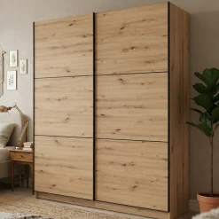 Guardaroba Grande Marrone Rovere Nodi Nero Appendiabiti 5 Ripiani 179x210h cm, Apertura Scorrevole - Cerchio