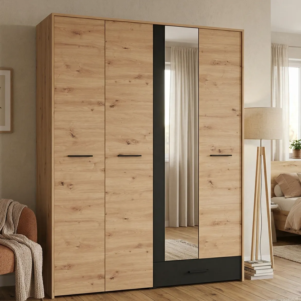 Guardaroba Grande Marrone Rovere Nodi Trasparente Appendiabiti 8 Ripiani 217x210h cm, Apertura Scorrevole - Soncino