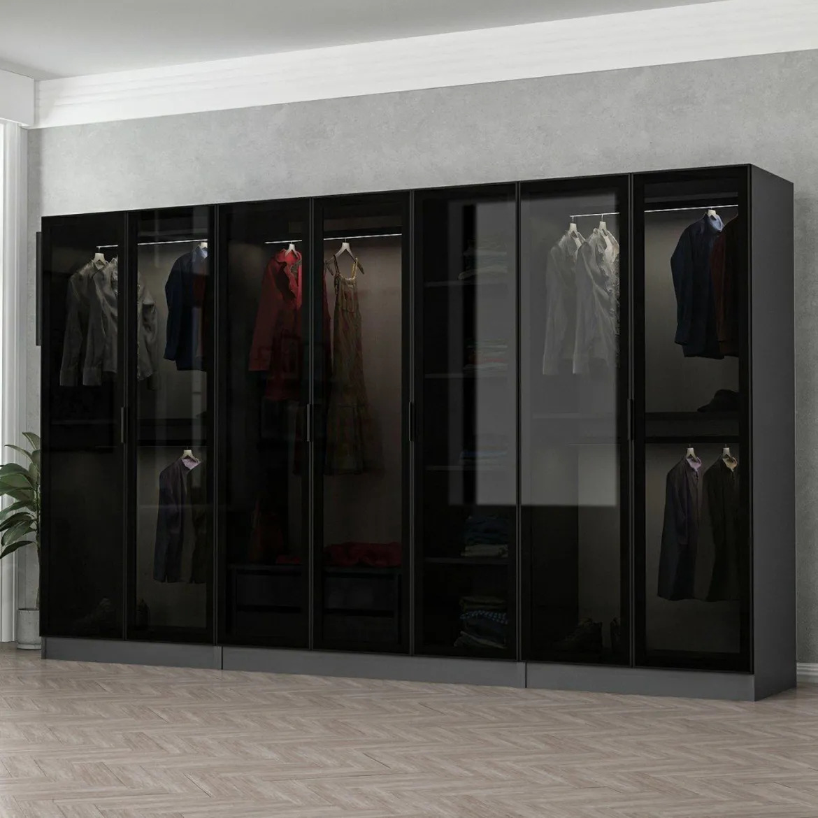Guardaroba Grande Nero Antracite Nero Fume Appendiabiti 7 Ripiani 315x210h cm, 7 Ante - Prunetto