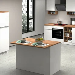 Isola cucina compatta per piccoli spazi 125x90x90h cm bianca lucida e rovere - Analiza