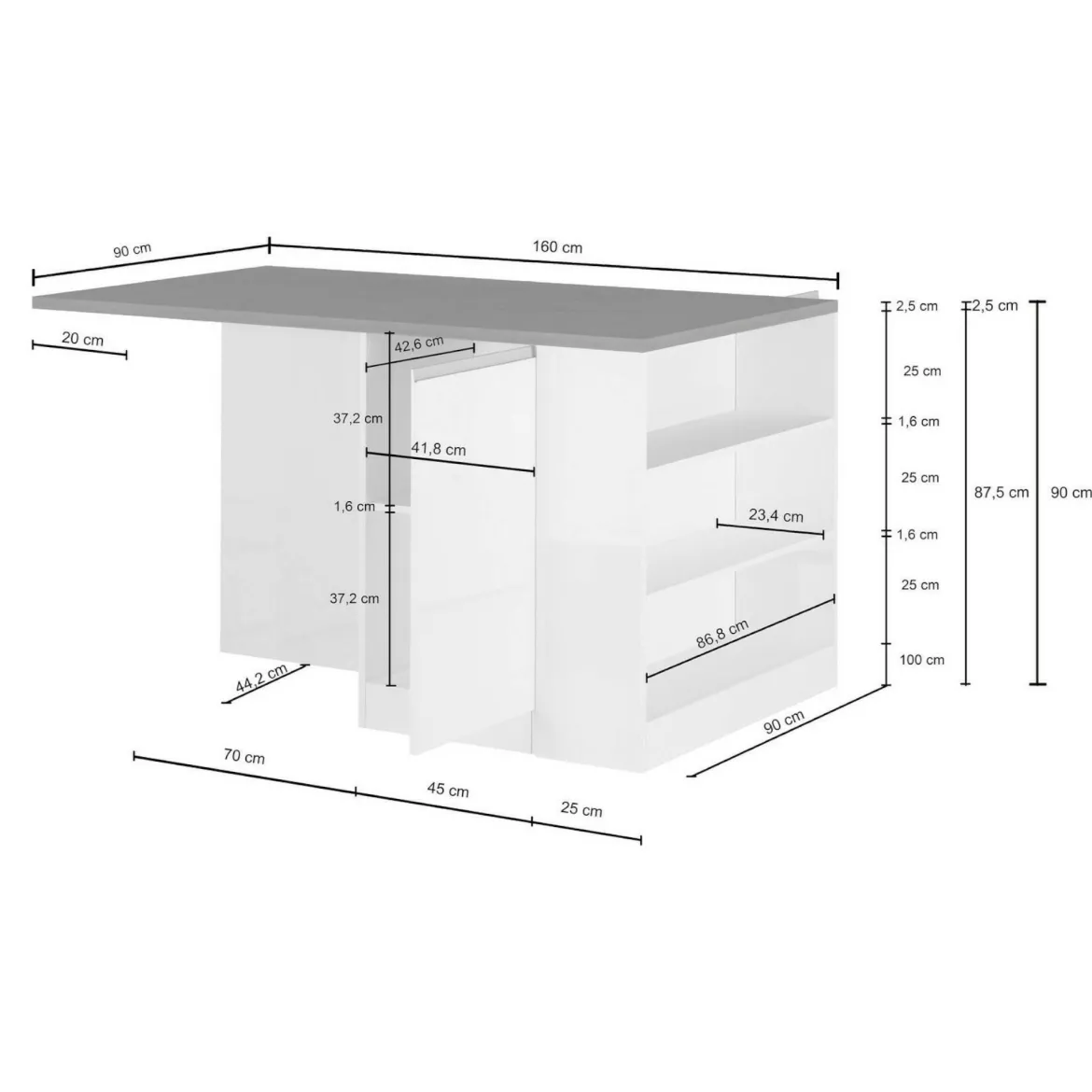 Isola cucina moderna per open space 160x90x90h cm bianca lucida e rovere - Abern