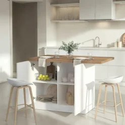Isola da Cucina Bianco Lucido Marrone Noce 2 Ripiani 4 Vani 130x80x90h cm, 2 Ante Made in Italy - Miha