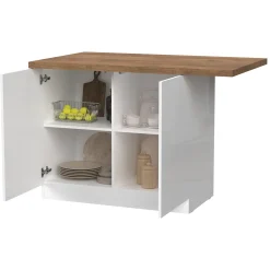 Isola da Cucina Bianco Lucido Marrone Noce 2 Ripiani 4 Vani 130x80x90h cm, 2 Ante Made in Italy - Miha