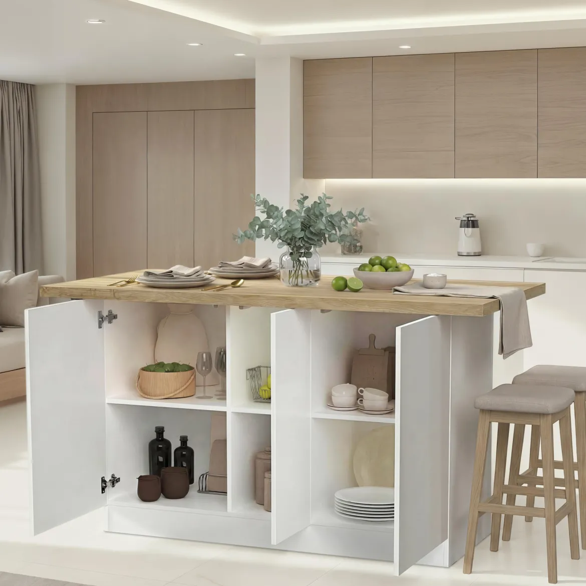 Isola da Cucina Bianco Lucido Marrone Rovere 3 Ripiani 6 Vani 160x80x90h cm, 3 Ante Made in Italy - Migani