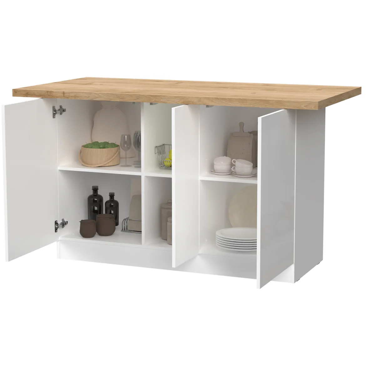 Isola da Cucina Bianco Lucido Marrone Rovere 3 Ripiani 6 Vani 160x80x90h cm, 3 Ante Made in Italy - Migani