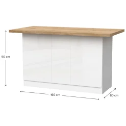 Isola da Cucina Bianco Lucido Marrone Rovere 3 Ripiani 6 Vani 160x80x90h cm, 3 Ante Made in Italy - Migani