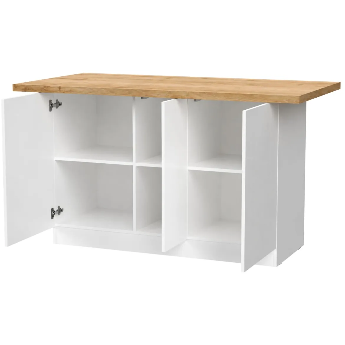 Isola da Cucina Bianco Lucido Marrone Rovere 3 Ripiani 6 Vani 160x80x90h cm, 3 Ante Made in Italy - Migani