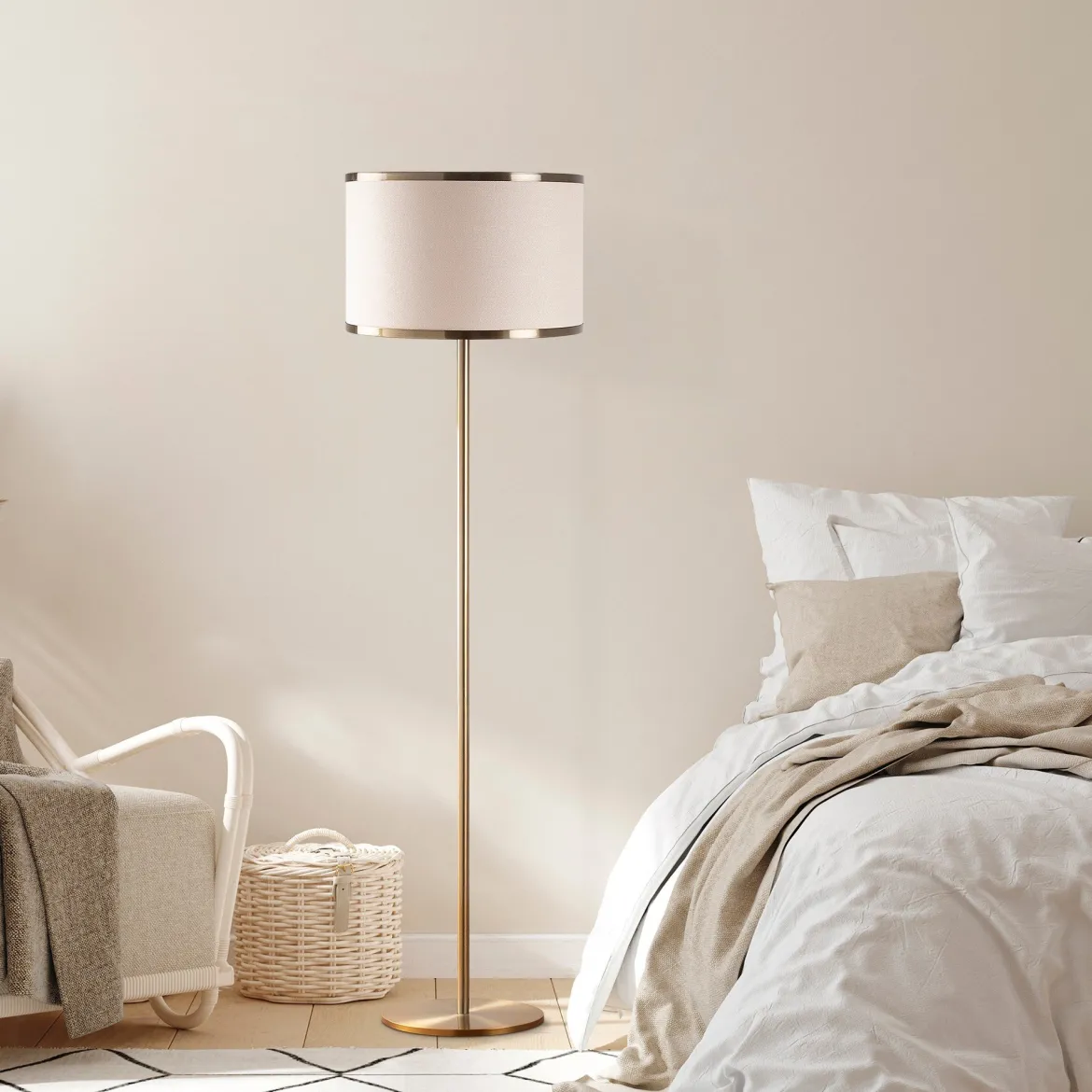 Lampada da Terra Bianco oro Panna Paralume Attacco e 27 max 40 w, Interruttore Connessione Diretta - Laviano