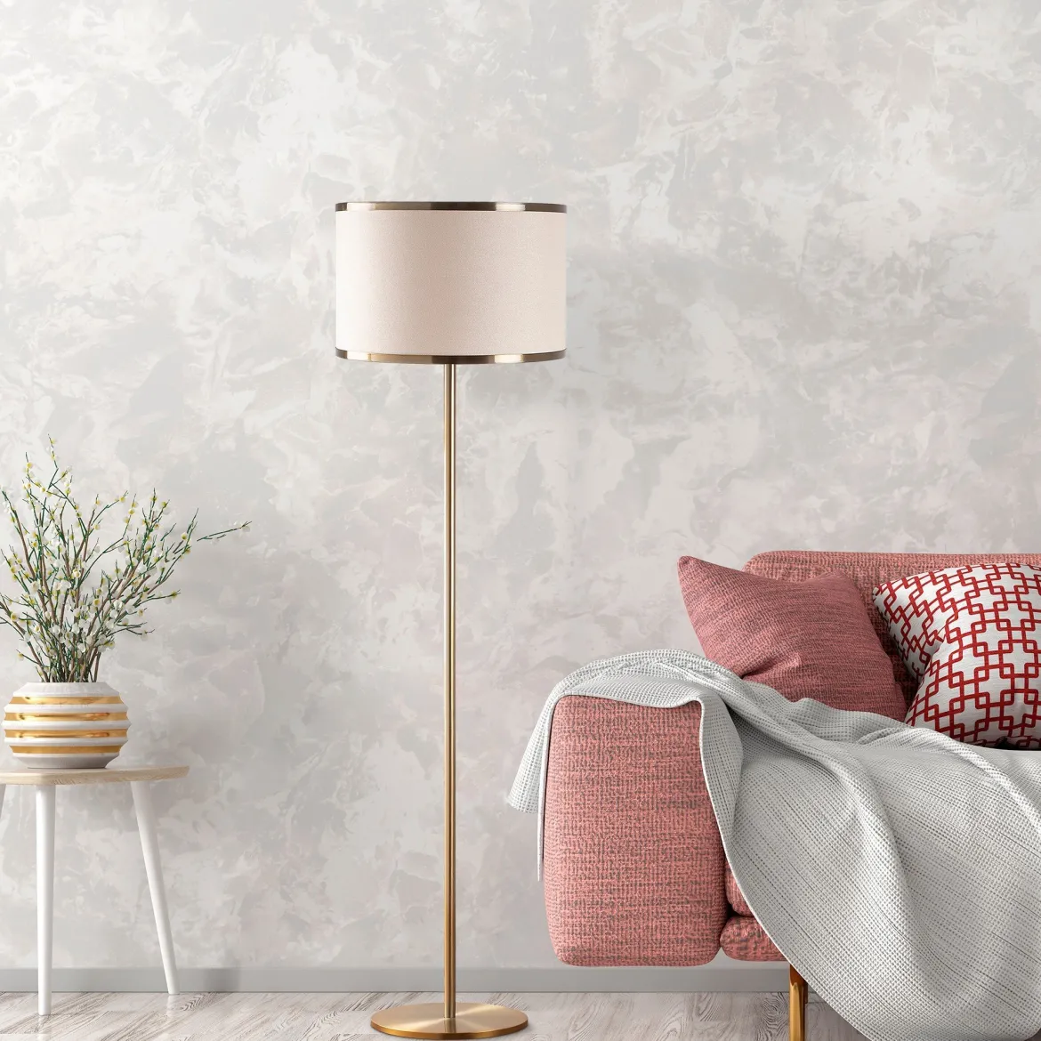Lampada da Terra Bianco oro Panna Paralume Attacco e 27 max 40 w, Interruttore Connessione Diretta - Laviano