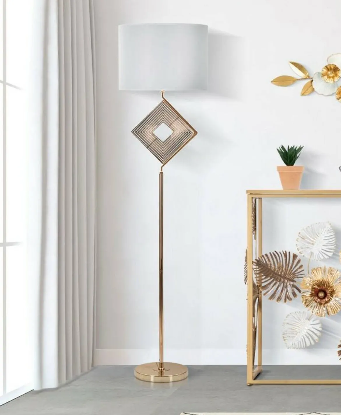 Lampada da terra Inchiostro, 40x40 h161 cm, Bianco e Oro