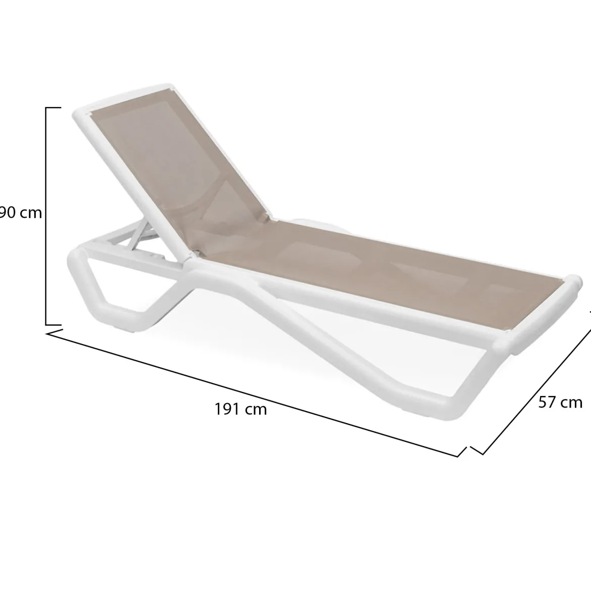 Lettino Prendisole Bianco Beige Impilabile, Regolabile 4 Posizioni Peso Supportato 120 kg 191x57x90h cm, Schienale Regolabile Made in Italy - Rochelle