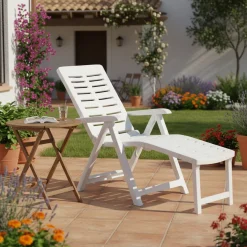 Lettino Prendisole Bianco Pieghevole con Poggiapiedi Peso Supportato 120 kg 60x60x109h cm, Schienale Regolabile Made in Italy - Henagar