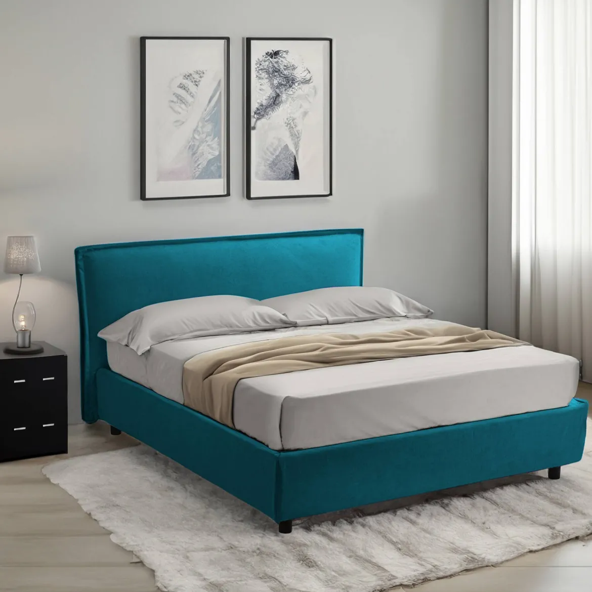 Letto Alla Francese Azzurro Sfoderabile Contenitore, Dimensione Materasso 120x190 cm Made in Italy - Bronte