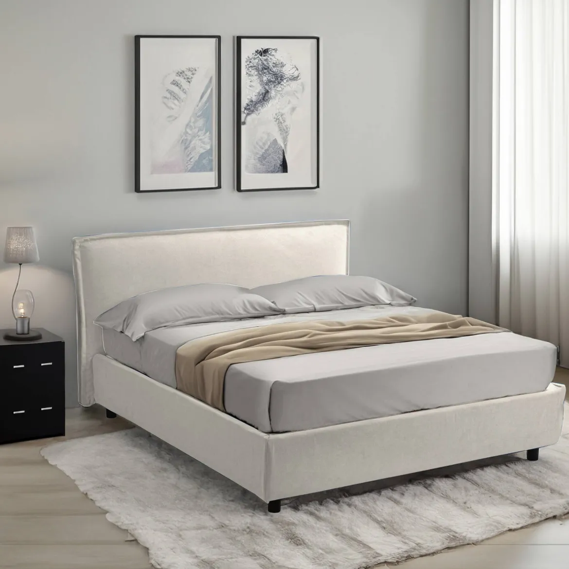 Letto Alla Francese Beige Materasso Incluso Sfoderabile, Contenitore Made in Italy - Brienza
