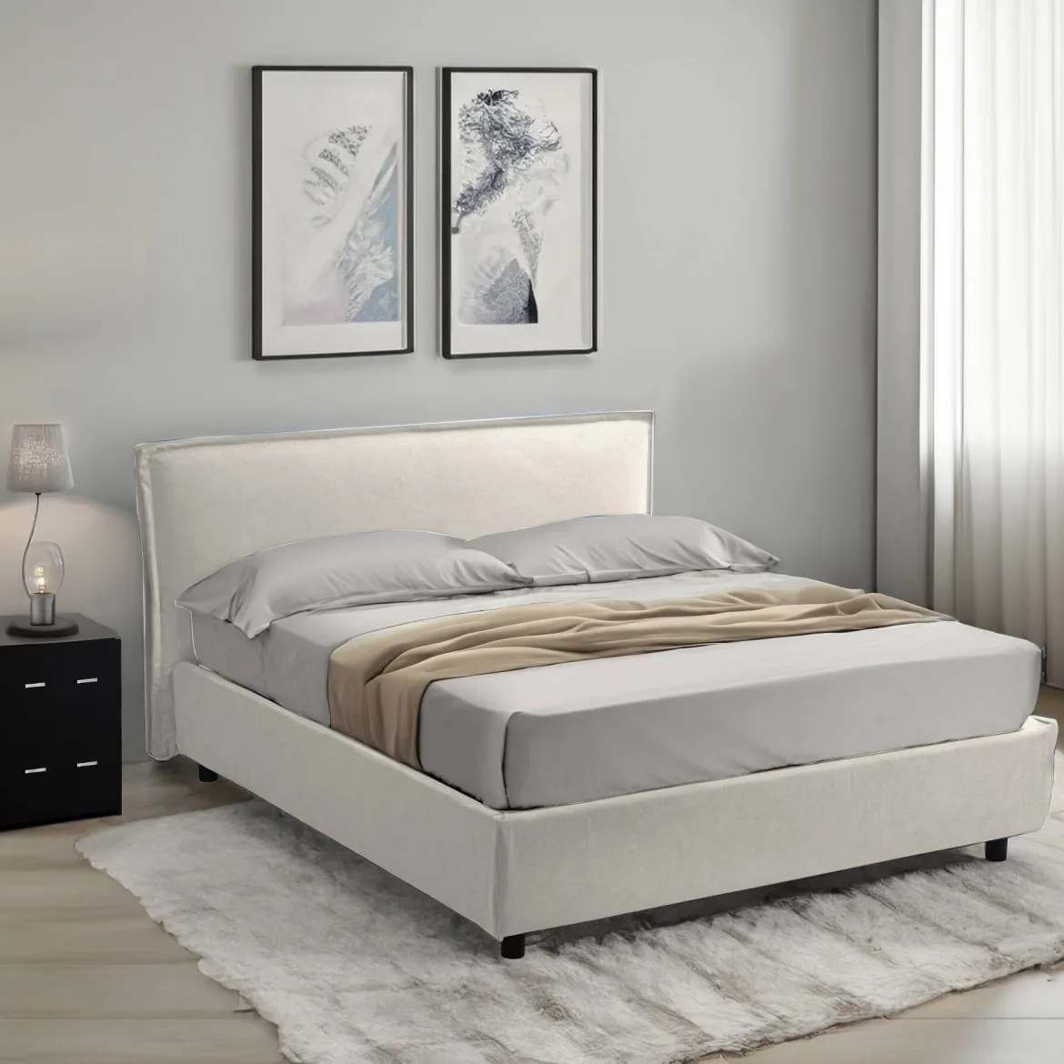 Letto Alla Francese Beige Sfoderabile Contenitore, Dimensione Materasso 120x190 cm Made in Italy - Bronte