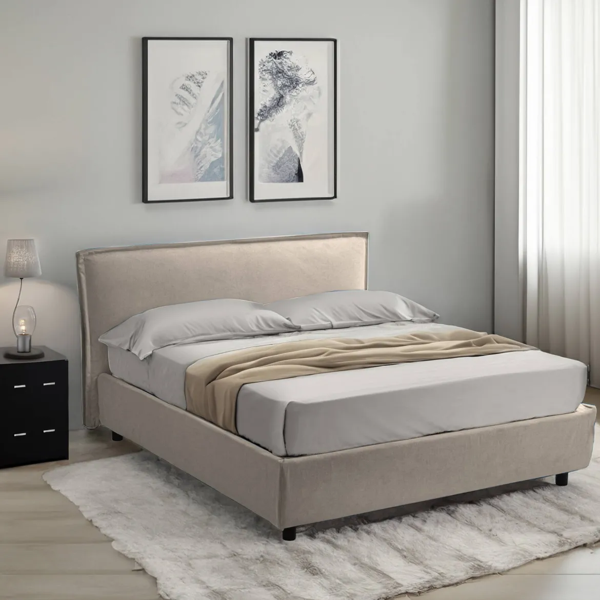 Letto Alla Francese Grigio Tortora Materasso Incluso Sfoderabile, Contenitore Made in Italy - Broni