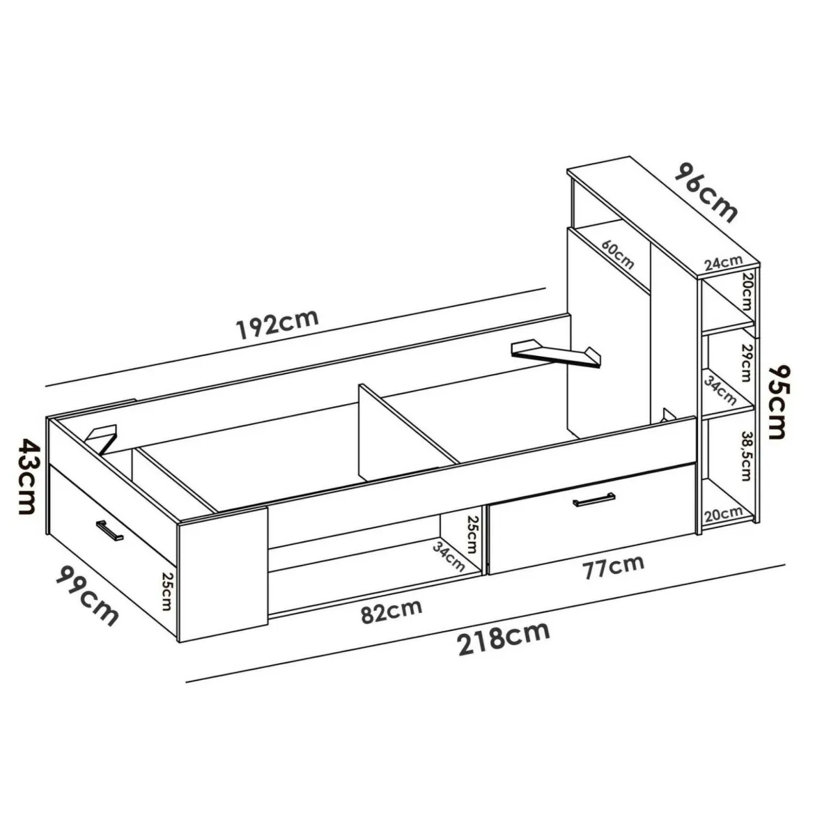 Letto bambini cassetti e scaffale 218x99cm bianco - Adrielle