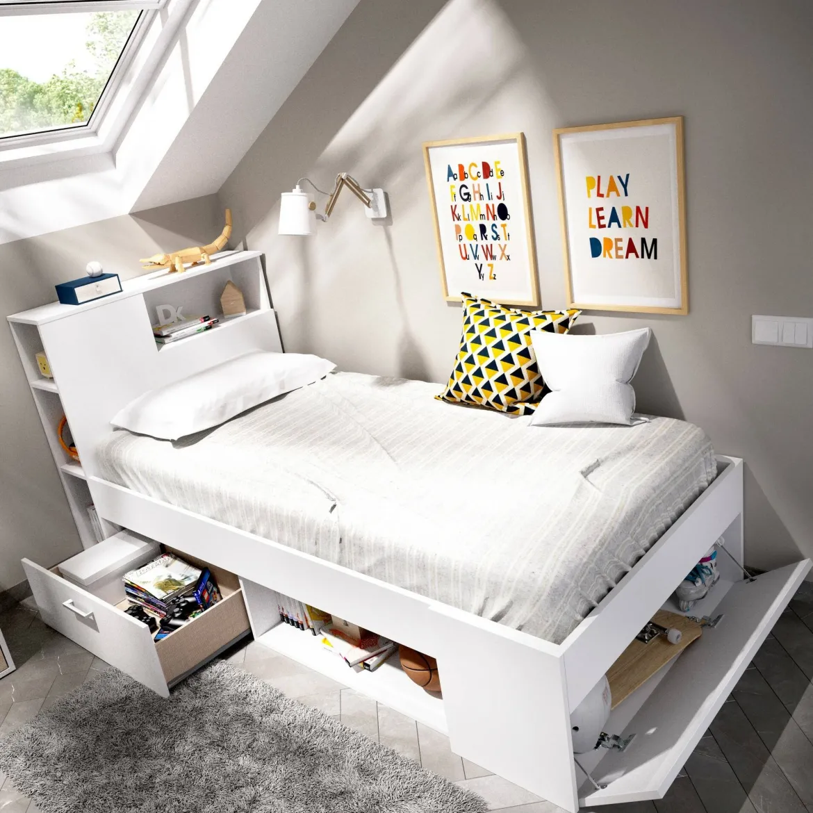 Letto bambini cassetti e scaffale 218x99cm bianco - Adrielle