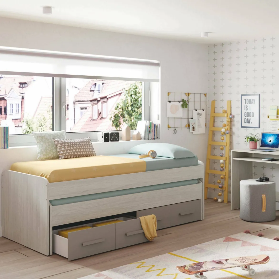 Letto bambini salvaspazio 198x96cm bianco e marrone - Cupido