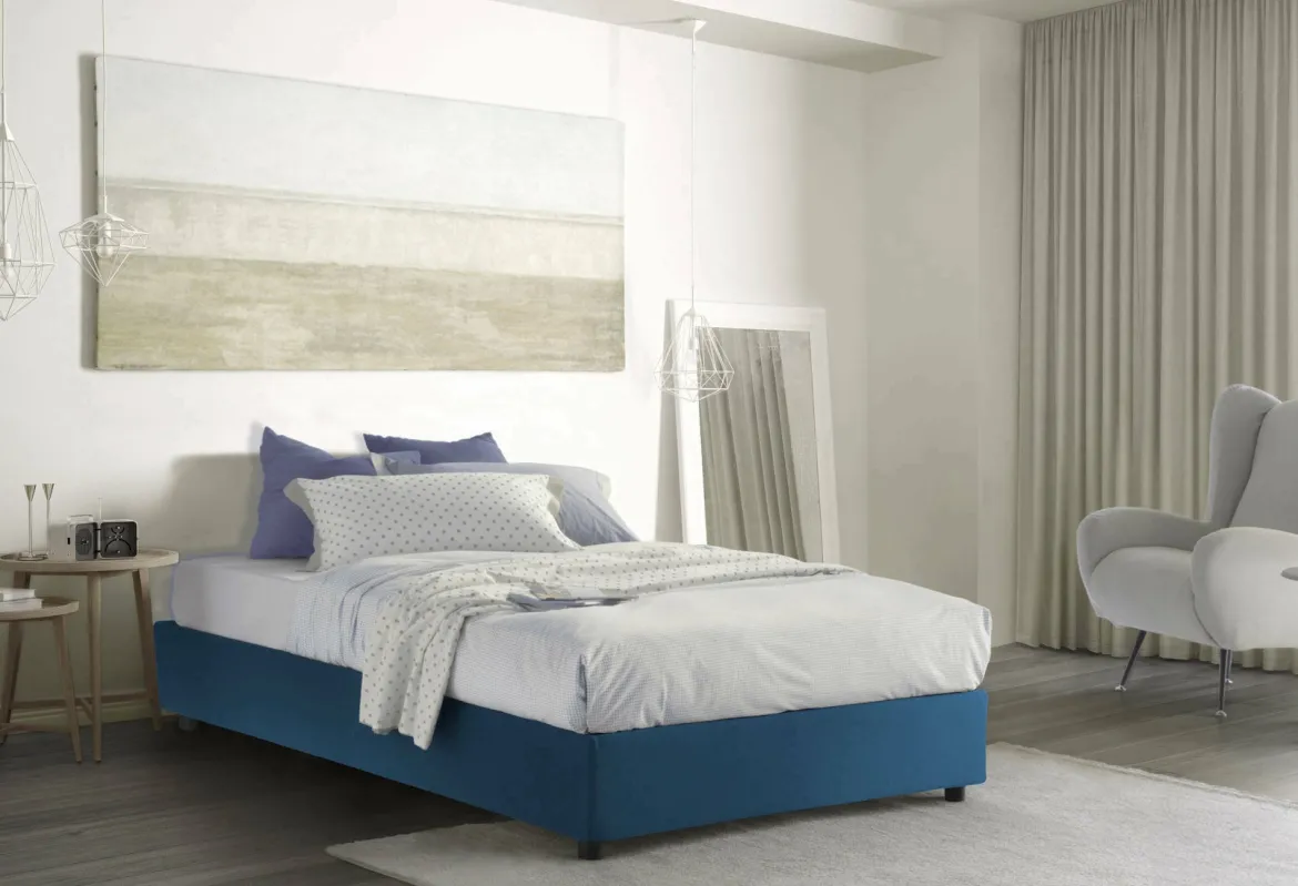 Letto francese in tessuto blu 155x205cm - Attilino