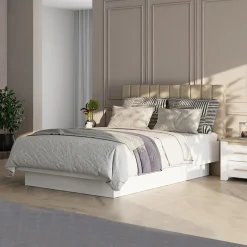 Letto Matrimoniale Bianco Beige Dimensione Materasso 160x200 cm Testiera Imbottita, Imbottito - Byron