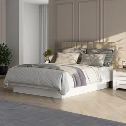 Letto Matrimoniale Bianco Beige Dimensione Materasso 180x200 cm Testiera Imbottita, Imbottito - Byron