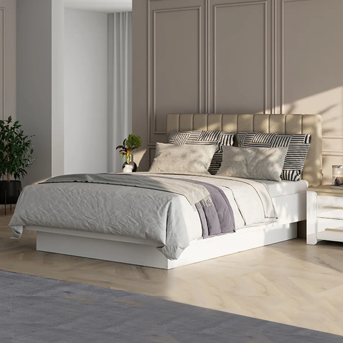Letto Matrimoniale Bianco Beige Dimensione Materasso 180x200 cm Testiera Imbottita, Imbottito - Byron
